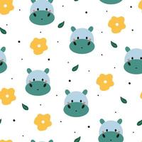 seamless pattern cute cartoon hippo and flower vector