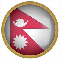 Nepal 3D rounded Flag Button Icon with Gold Frame vector