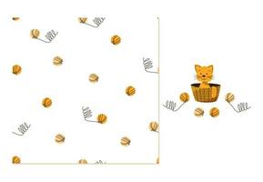 Cute cat sitting in basket. Simple seamless pattern with ball of thread for childish clothes. vector