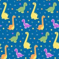 Patrón sin fisuras de dinosaurios multicolores sobre fondo azul con estrellas en el estilo de dibujos animados vector