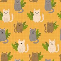 Seamless yellow pattern background cats and leaves vector