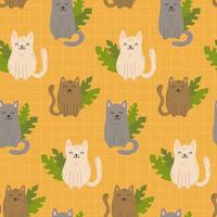 Seamless yellow pattern background cats and leaves vector