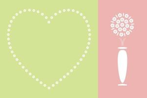 Valentine card, white flowers arrange in heart shape, and flowers in a vase on pastel color background. Vector illustration.