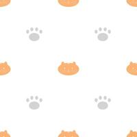 Seamless pattern with cat, tiger, and cat paw on white background. Vector illustration.