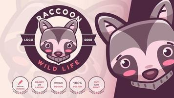 Cartoon character adorable raccoon logo. vector