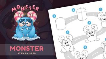 Cartoon character halloween sad monster - tutorial drawing vector