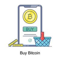 Icon of bitcoin shopping or buy bitcoin in flat design vector