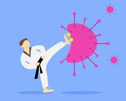 Illustration vector design of karateka is fighting and kicking the virus.