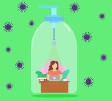 El diseño de ilustración vectorial de una mujer está trabajando en casa dentro de la botella para evitar el virus vector