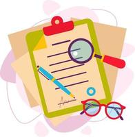 Verification of documents. Accounting documentation, business research, financial audit, analysis of report data. Vector illustration in a flat style