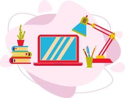 A laptop with a group of items on the table. A laptop on a wooden table with a lamp, books, a cactus. vector