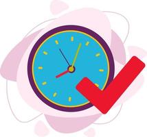 Vector clock icon isolated with a tick. The task was completed on time. Vector illustration in a flat style.