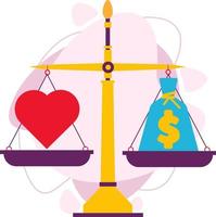 webel equilibrio entre el corazón y el dinero. vector ilustración plana. el dinero y el amor se equilibran en la balanza.