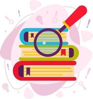 A stack of colorful books with a magnifying glass. Vector illustration in a flat style. Training, knowledge. Education and information retrieval.