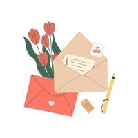 Sobre abierto con carta manuscrita en papel. tulipanes de primavera como regalo. el concepto de felicitaciones por el día de san valentín. Ilustración de vector plano de correo aislado sobre fondo blanco.