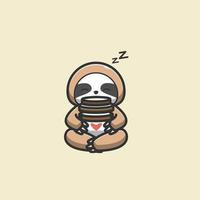 sleeping sloth hugging coffee illustration vector