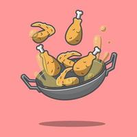 Ilustración de pollo frito con una sartén vector