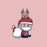 cute santa claus and cute reindeer illustration vector
