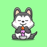 Dog siberian Husky praying with purple candle vector