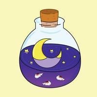 Magic bottle with sea, fish, sky, moon and stars inside vector
