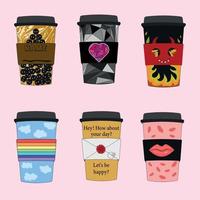 Set collection of disposable coffee cups with individual design vector