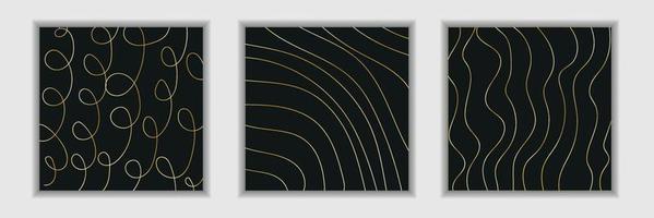 Abstract black wave shape with gold thread lines on dark background luxury style vector