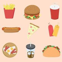 A collection of set of images with fast food. French fries, burger, ketchup and mustard, tacos, hot dog, iced coffee, cola, bacon and eggs, pizza