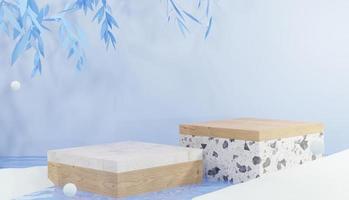 Marble and wooden square podium 3d background on cold water surrounded by snow, winter theme photo