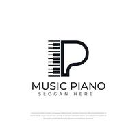 Logo letter P piano instrument or playing music. with an illustrated keyboard. two variations of black on white background isolated. apply to logo applications, school logos, courses. for music vector