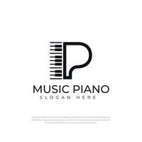 logo letra p instrumento de piano o tocar música. con un teclado ilustrado. dos variaciones de negro sobre fondo blanco aisladas. aplicar a aplicaciones de logotipos, logotipos escolares, cursos. por la música vector