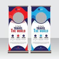 nuestra plantilla de vector de banner de soporte enrollable y de viaje. pancarta enrollable para agencias de viajes o aerolíneas. publicidad de viajes, pantalla, pull up, x-stand, flag-banner