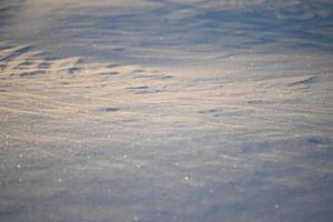 Snowy landscapes and snow close-up in sunbeams. Grass and objects in the snow. photo