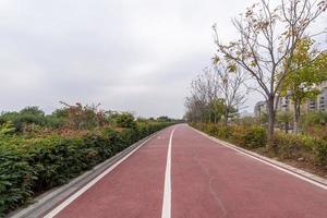 On a cloudy day, the red asphalt runway in the park photo