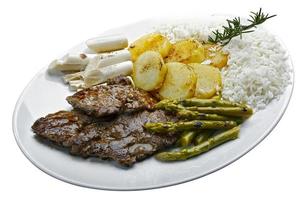 Beef asparagus, potatoes and rice photo
