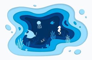 Paper cut underwater sea cave with fishes, jellyfish, seahorse, seaweed, starfish in algae, waves. World Oceans Day 8 June. Diving concept, Paper cut deep style vector. vector