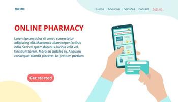 Online pharmacy, e-commerce concept for a website and mobile site. Landing page template, banner. Modern flat design. Vector illustration isolated on a white background.