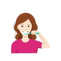 Happy cute girl brushing her teeth. Oral hygiene. Vector illustration in a flat style isolated on a white background.