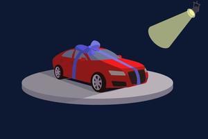 Car birthday gift, present, surprise, lottery win. Red car tied with a blue ribbon. Vector illustration isolated on a blue background.