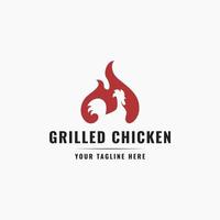 logotipo de pollo rústico vintage, barbacoa de fuego rojo, logotipo de pollo asado a la barbacoa, símbolo de icono de vector simple para restaurante, puestos de comida, carnicería, carnicero, chef, etc.