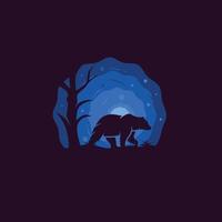 Bear silhouette illustration standing beside tree with blue moon background vector
