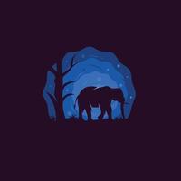 Elephant silhouette illustration standing beside tree with blue moon background vector