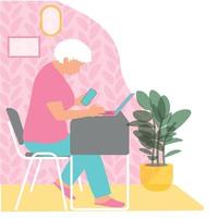 Elderly woman grandmother works while sitting at the table, with a laptop and a phone. Home office, part-time job. vector