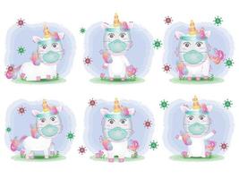 lindo unicornio usando protector facial y colección de máscaras vector