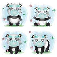 lindo panda usando protector facial y colección de máscaras vector