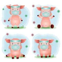 lindo cerdo usando protector facial y colección de máscaras vector