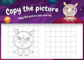 copy the picture kids game and coloring page with a cute rhino in the space galaxy vector