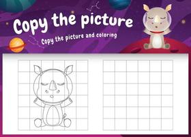 copy the picture kids game and coloring page with a cute rhino in the space galaxy vector