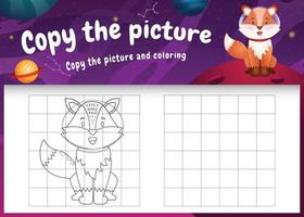 copy the picture kids game and coloring page with a cute fox in the space galaxy vector