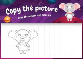 copy the picture kids game and coloring page with a cute elephant in the space galaxy vector