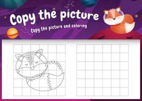 copy the picture kids game and coloring page with a cute fox in the space galaxy vector